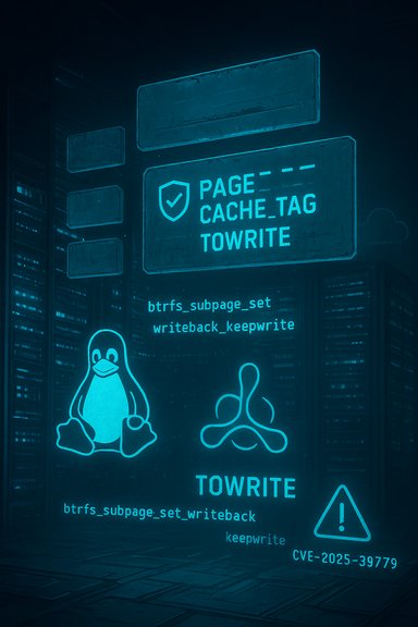 Neon blue signboard shows Linux penguin, TOWRITE warning, and CVE-2025-39779.
