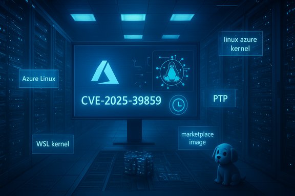 Blue-lit data-center screen highlights CVE-2025-39859 for Azure Linux kernels and related components.