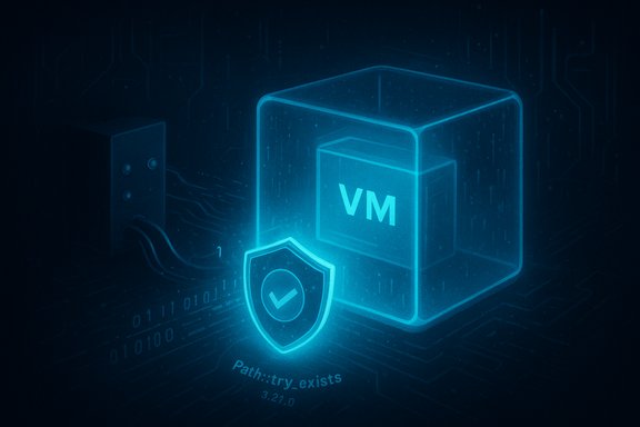 Glowing blue VM inside a protective shield, set against a circuitry backdrop.