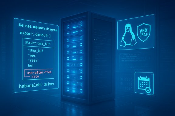 Blue holographic server shows kernel memory diagram and DMA buffers with the Linux logo.