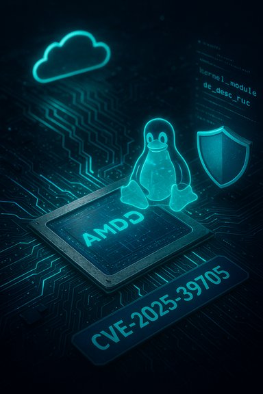 Neon blue tech scene: Linux’s Tux perched on an AMD CPU with cloud and shield icons.