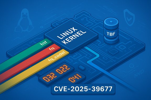Illustration of a Linux kernel vulnerability CVE-2025-39677 with color-coded code bars.
