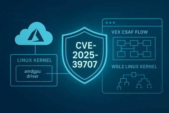 Illustration of Linux kernel with AMDGPU driver and CVE-2025-39707 vulnerability, plus WSL2 flow.