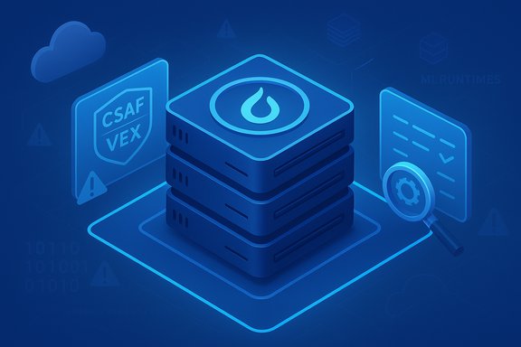 Isometric blue server stack with security, cloud, and monitoring icons.