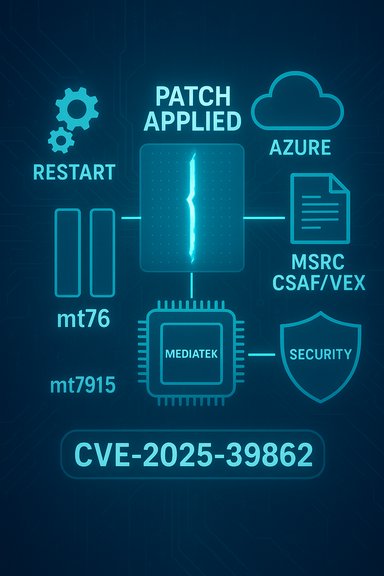 Blue cybersecurity infographic showing patch applied for CVE-2025-39862 with Azure cloud and Mediatek chipset.