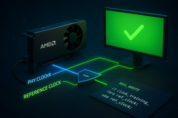 AMD graphics card with reference and PHY clock lines feeding a monitor displaying a green check.