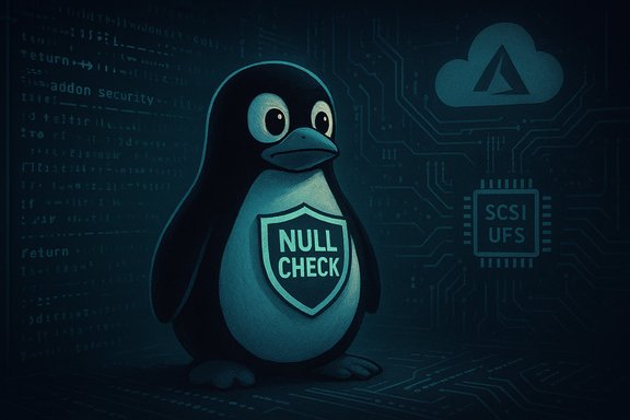 Tux the Linux penguin wears a NULL CHECK shield in a cyber-tech, circuit-filled backdrop.