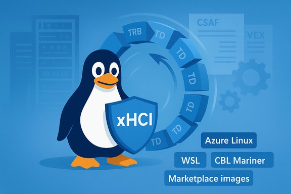 Penguin mascot with an xHCI shield promoting Azure Linux, WSL, CBL Mariner, and Marketplace images. Penguin mascot with an xHCI shield promoting Azure Linux, WSL, CBL Mariner, and Marketplace images.