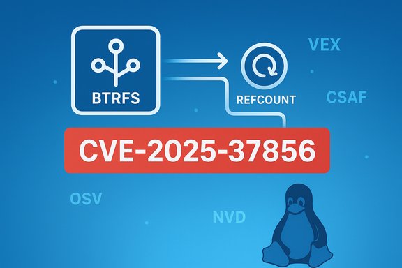 CVE-2025-37856 depicted as a BTFS-to-REFCOUNT flow on a Linux-themed blue background. CVE-2025-37856 depicted as a BTFS-to-REFCOUNT flow on a Linux-themed blue background.