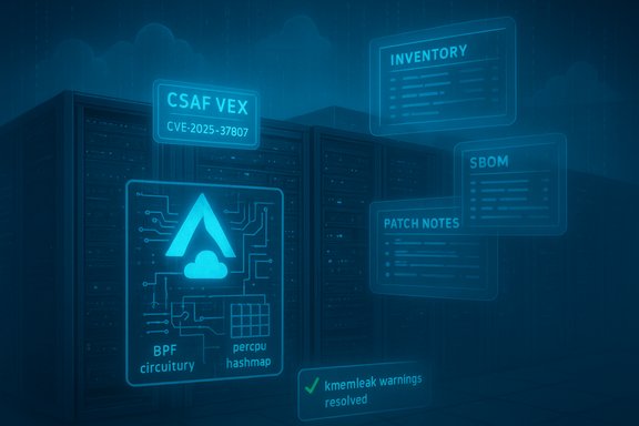 Blue data center with holographic security labels noting CVE-2025-37807 and patches.