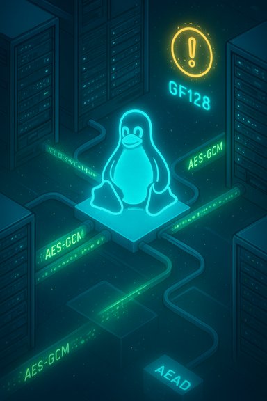 Neon data center scene with the Linux penguin beside AES-GCM and GF128 security cues.