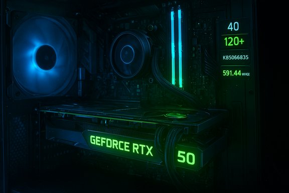 Neon-lit PC interior with a GeForce RTX GPU, blue fan, and green LED RAM.