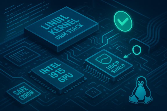 Stylized circuit board with Linux penguin, Intel i915 GPU, HDCP shield, and a green check.