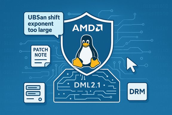 AMD shield with Tux the Linux penguin, featuring DML2.1, patch notes and UBSan shift exponent too large.