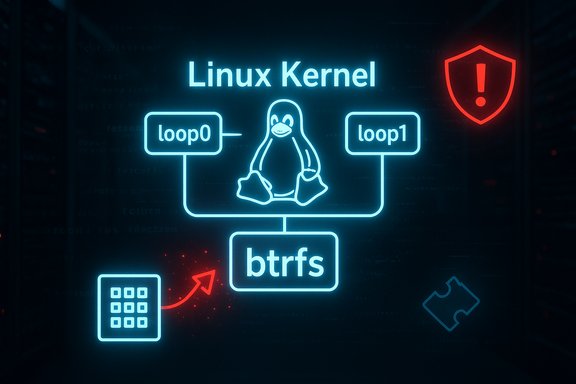 Neon Linux Kernel diagram showing loop0/loop1 and the btrfs filesystem.
