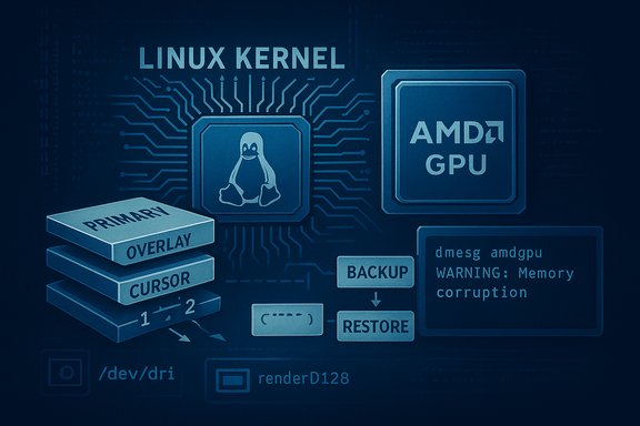 Tech illustration of the Linux kernel and AMD GPU with Tux, showing backup/restore workflow.