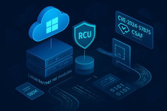 Cloud security illustration featuring Linux kernel modules, an RCU shield, and CVE data.
