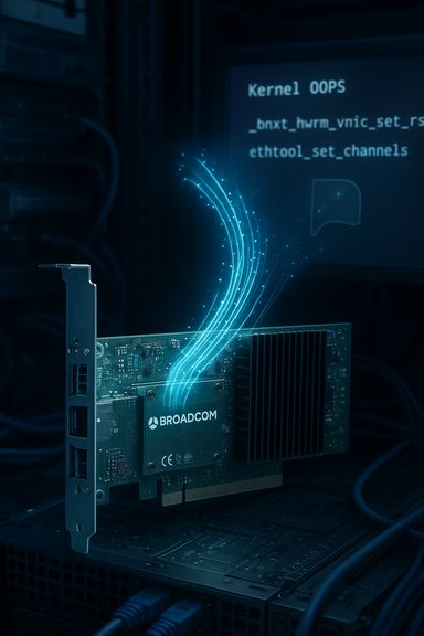 Broadcom PCIe card in a server, with blue data trails and a Kernel OOPS message on the screen.