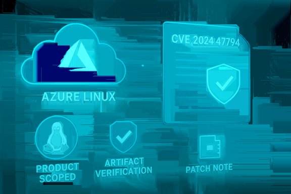 Neon cyan infographic of Azure Linux cloud, CVE 2024 47794, and patch notes.