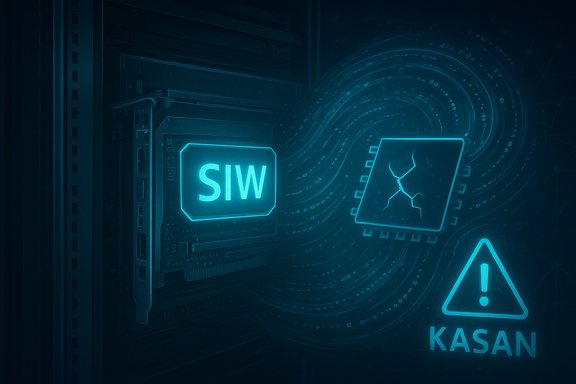 Blue neon data server with a glowing SIW badge and a KASAN warning symbol.