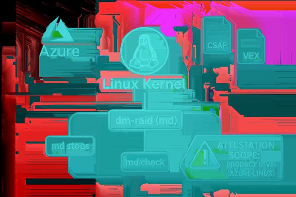 Diagram showing Linux kernel with dm-raid (md), Linux penguin, Azure logo, and attestation notes.