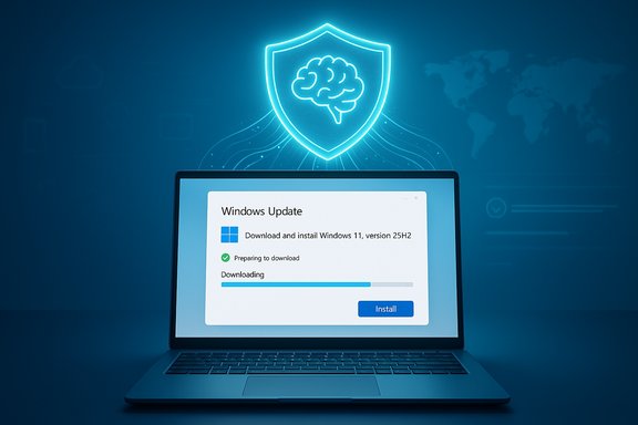 Laptop shows Windows Update progress with a neon brain icon inside a shield above.