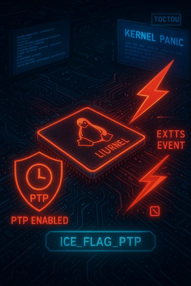 Neon cyberpunk scene showing a Linux kernel chip with PTP enabled amid a kernel panic and glowing circuitry.