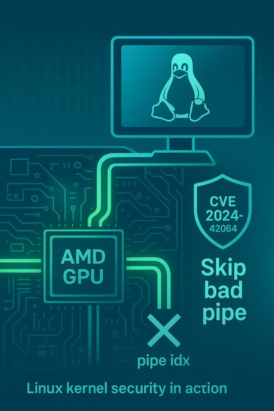 Tech illustration of Linux kernel security in action, with a CVE-2024-42064 shield and AMD GPU on a circuit board.
