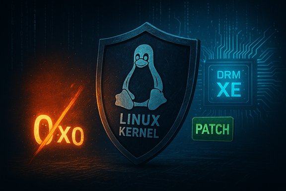 Linux kernel shield with the Tux logo, against a digital backdrop with 0x0, DRM XE, and PATCH