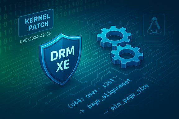 Illustration of a kernel patch for CVE-2024-42065 with a DRM shield and gears on a circuit-board background.