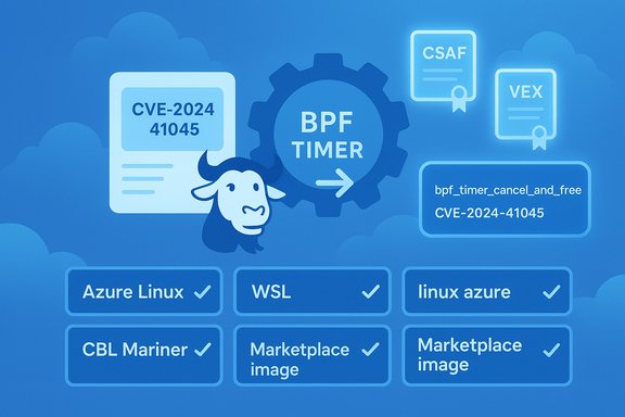Infographic highlighting CVE-2024-41045 BPF timer vulnerability affecting Azure Linux, WSL, and marketplace images.