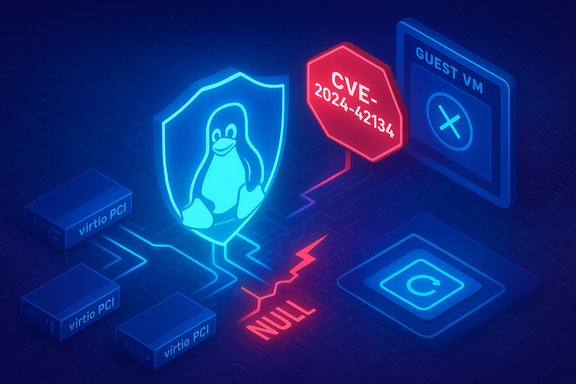 Neon Linux penguin shield blocks CVE-2024-42134 from a guest VM.