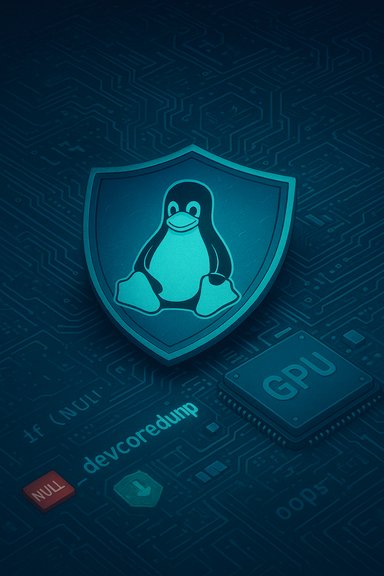 Linux penguin emblem on a shield set against a circuit-board background.