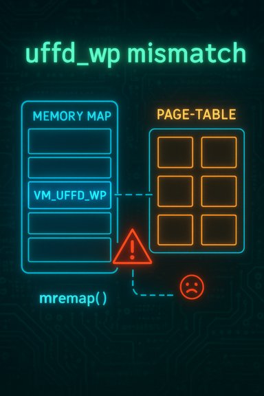 Neon diagram shows a uffd_wp mismatch between memory map and page-table with a warning.