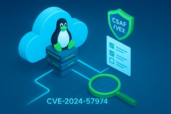 Cloud server with a Linux penguin on stacked hardware, CSAF/VEX shield, checklist, magnifier, and CVE-2024-57974.