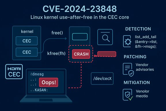 Infographic about CVE-2024-23848: Linux kernel use-after-free in CEC core, with crash and mitigations.