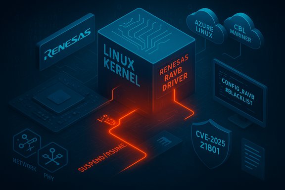 Blue-toned infographic showing Linux kernel and Renesas driver with a glowing suspend/resume path.