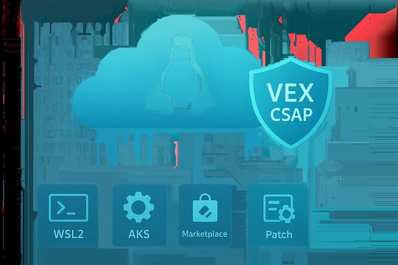 Blue cloud security-themed illustration with Linux penguin, VEX CSAP shield, and icons for WSL2, AKS, Marketplace, and Patch.