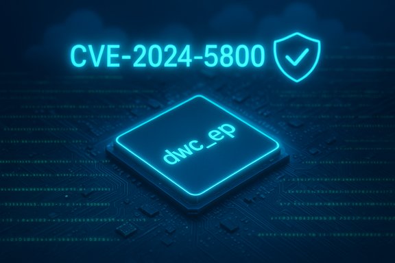 Neon-blue microprocessor on a circuit board, labeled with CVE-2024-5800 and a shield icon.