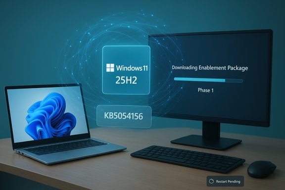 Windows 11 25H2 update in progress: Enablement Package Phase 1 on a PC workstation.