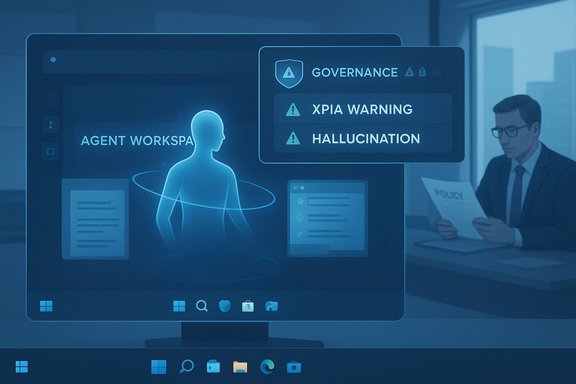 Blue holographic agent workspace on a screen shows governance alerts, including XPIA warning and hallucination.
