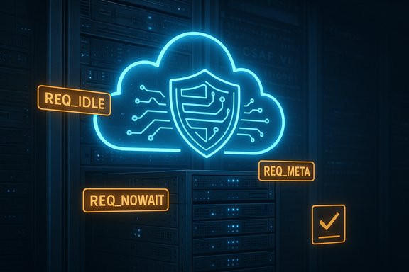 A neon blue cloud security icon with a shield hovers over server racks, surrounded by orange REQ_* tags.