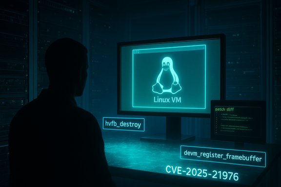 Silhouetted hacker monitors a Linux VM on a glowing blue server rack, CVE-2025-21976.