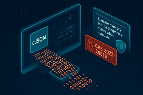 Illustration of JSON data streaming with a memory-allocation warning for CVE-2023-26819.