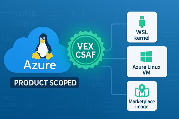 Azure cloud with the Linux penguin, VEX CSF badge, linked to WSL kernel, Azure Linux VM and Marketplace image.