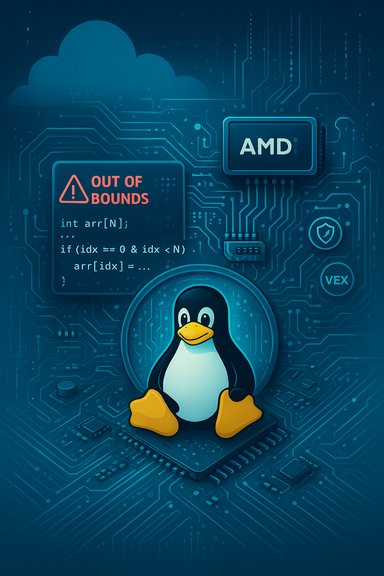 Linux penguin perched on a circuit board beside an AMD chip and an 'OUT OF BOUNDS' warning.