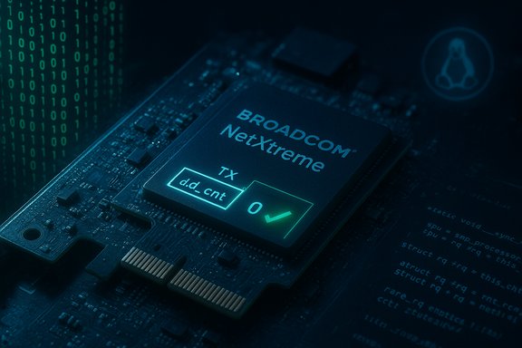 Broadcom Nextreme chip on a circuit board, glowing blue with binary code and a Linux logo.
