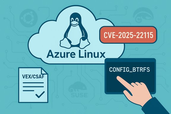 Azure Linux cloud highlights CVE-2025-22115 vulnerability and CONFIG_BTRFS issue.
