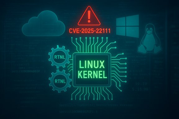 Neon Linux kernel schematic with a CVE-2025-22111 warning and tech icons. Neon Linux kernel schematic with a CVE-2025-22111 warning and tech icons.