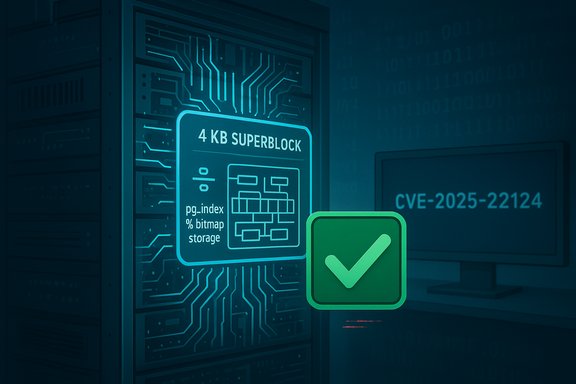 Data center server with a 4 KB Superblock diagram and a green checkmark.